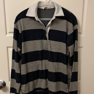 Faherty Navy and Gray Striped Zip-Up Rugby Sweater
